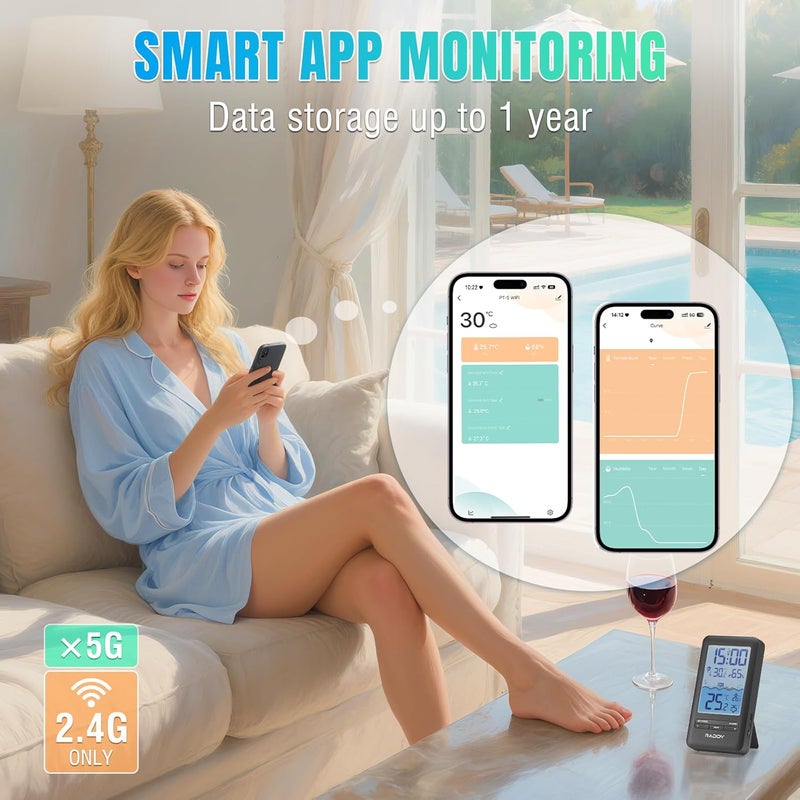 Raddy PT-5 Wi-Fi Pool Thermometer, Wireless Smart Floating Sensor with Indoor Console, APP Remote Monitoring, IPX8 Waterproof, Solar & USB-C Rechargeable, for Hot Tub Spa Swimming Pool Tank Aquarium - Image 3